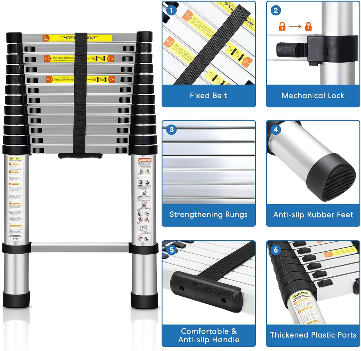 Telescoping Ladder, 12.5FT Aluminum Extension Ladder with Non-Slip Feet, 330lbs Capacity Z676617