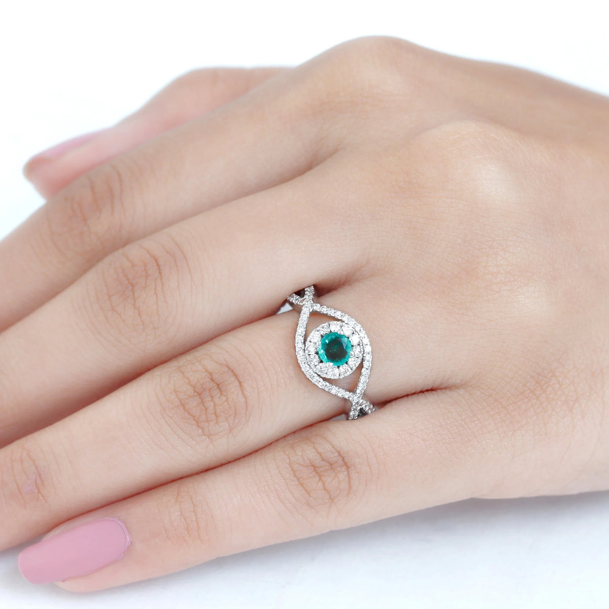 Emerald Crossover Ring with Diamond, 1 CT, 18K White Gold, US 12.50 Y578105