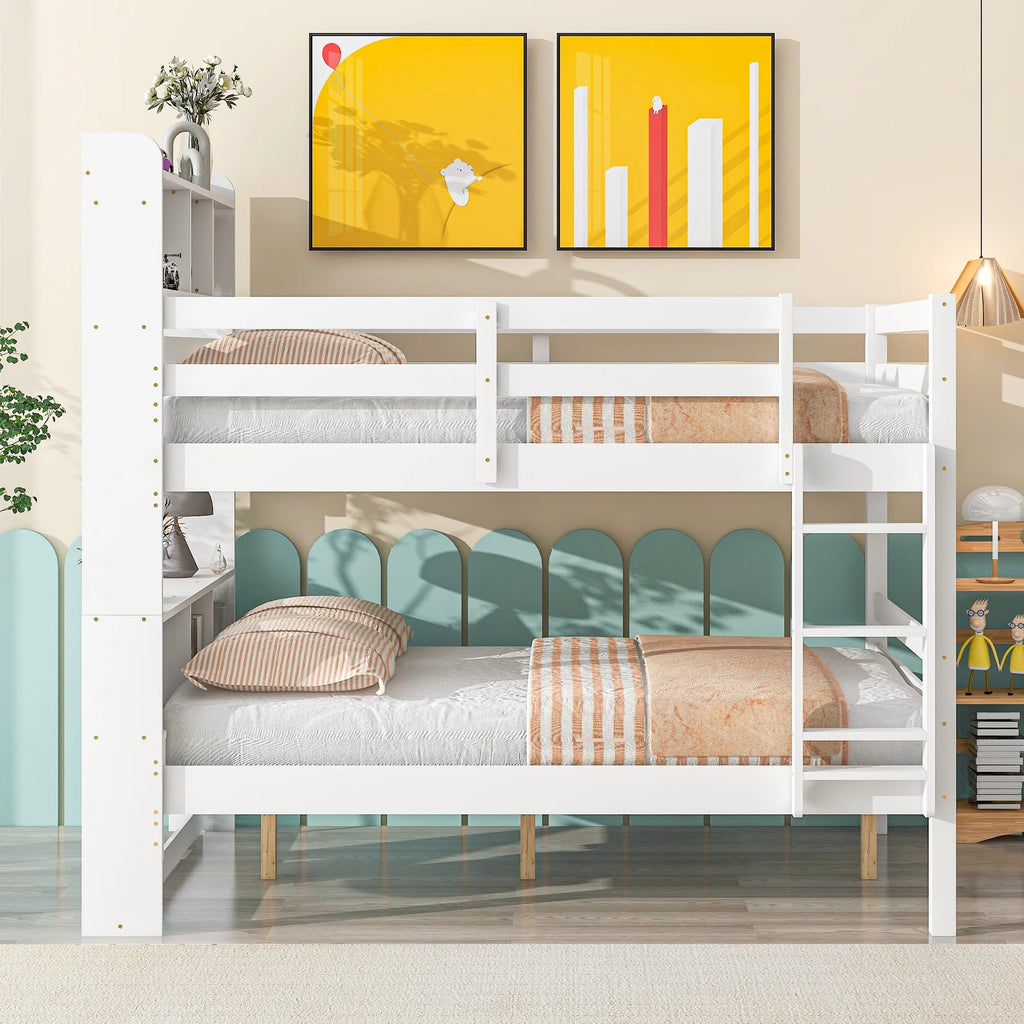Full Over Full Bunk Beds with Bookcase Headboard, Solid Wood Bed Frame with Safety Rail and Ladder, White W257338