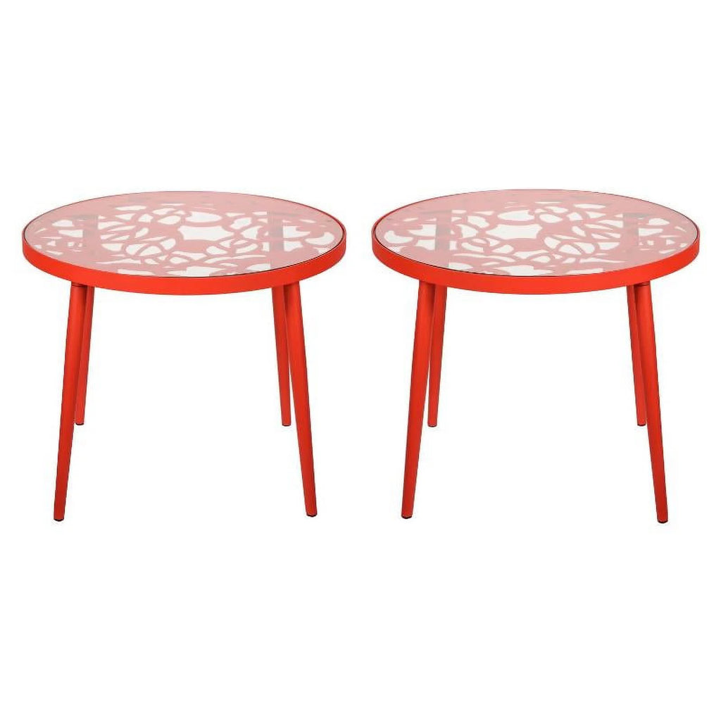 Red Glass Top Aluminum Base End Table Set of 2 B754