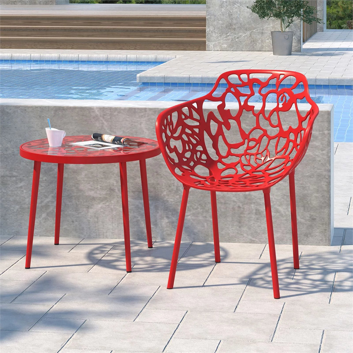 Red Glass Top Aluminum Base End Table Set of 2 B754