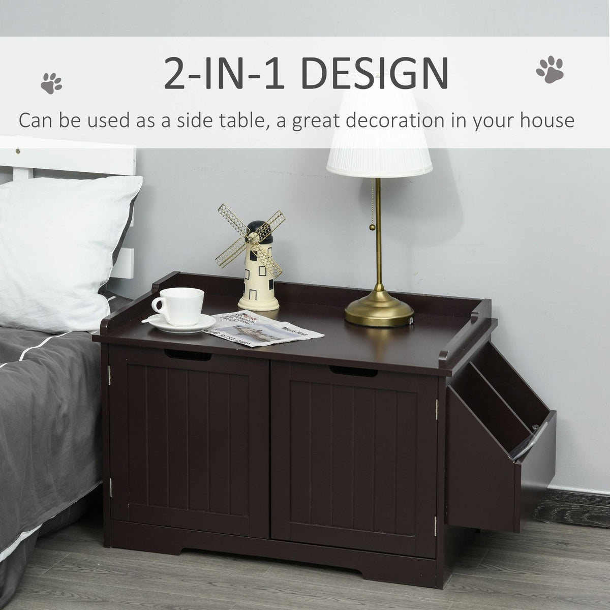 White Wooden Cat Litter Box Enclosure with Nightstand and Storage Rack U18278