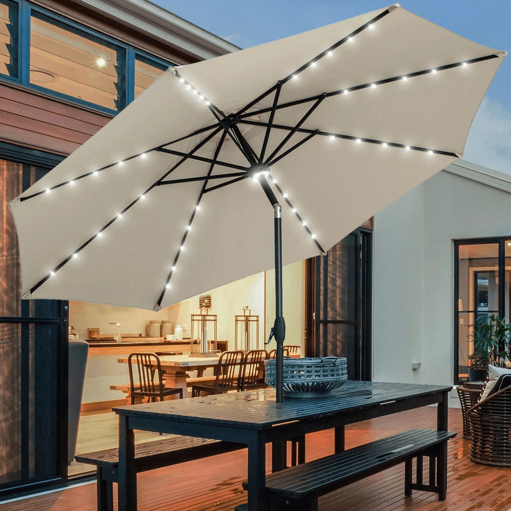 10 ft Solar Patio Umbrella with 40 LED Lights, Steel Tilt Crank, Navy Blue I168