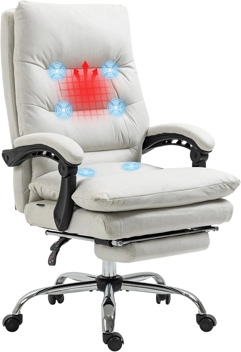Cream White Microfibre Heated Reclining Massage Office Chair with Footrest P4835