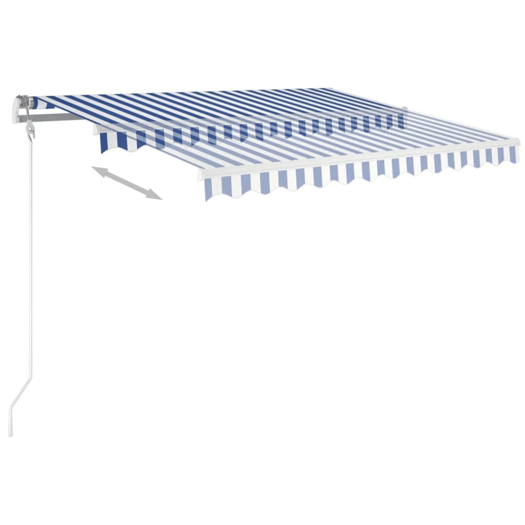 Freestanding Manual Retractable Awning with Base Outdoor Canopy Sunshade Shelter Blue and White 118.1 x 98.4 Inches J947916